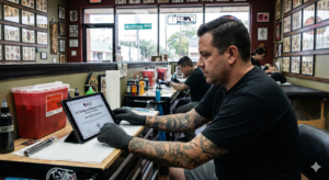 Interior of a tattoo shop in Houston, Texas, with an artist reviewing OSHA safety guidelines on a tablet. Digital ACE Bloodborne Pathogens certificate visible on screen.