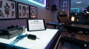 Sanitized tattoo studio workstation displaying a digital ACE Bloodborne Pathogens Training certificate on a tablet, representing OSHA-compliant online certification for body art professionals