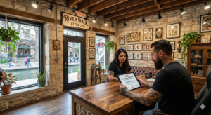 San Antonio tattoo artist in a local studio near the River Walk reviewing San Antonio tattoo license requirements and ACE Bloodborne Pathogens certificate on a tablet.
