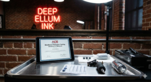 Tattoo artist in a Deep Ellum, Dallas studio checking OSHA safety forms on a tablet, with a digital ACE Bloodborne Pathogens certificate on the screen