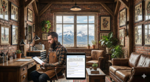 Interior of a tattoo shop in Chicago, brick walls, view of the 'L' train outside window. Artist reviewing safety forms on a tablet