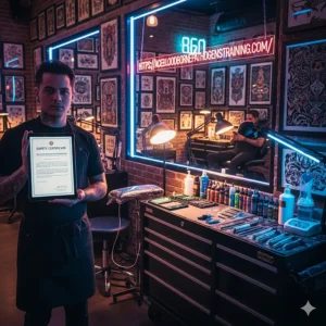 Las Vegas tattoo artist in a neon-lit shop reviewing an OSHA Bloodborne Pathogens certificate on a tablet
