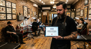 Pennsylvania tattoo artist in Philadelphia studio reviewing PA tattoo license requirements and ACE Bloodborne Pathogens certificate.