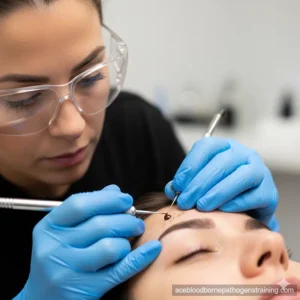 Microblading artist wearing blue safety gloves and protective eyewear performing permanent makeup on a client's eyebrows