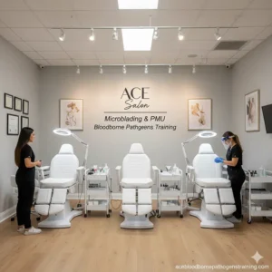 A sterile professional permanent makeup and microblading studio setup showing artists following bloodborne pathogens safety protocols