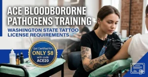 Tattoo artist using a single-use razor for skin prep in a sterile Pennsylvania studio. OSHA BBP training certification available for $8 with code ACE20